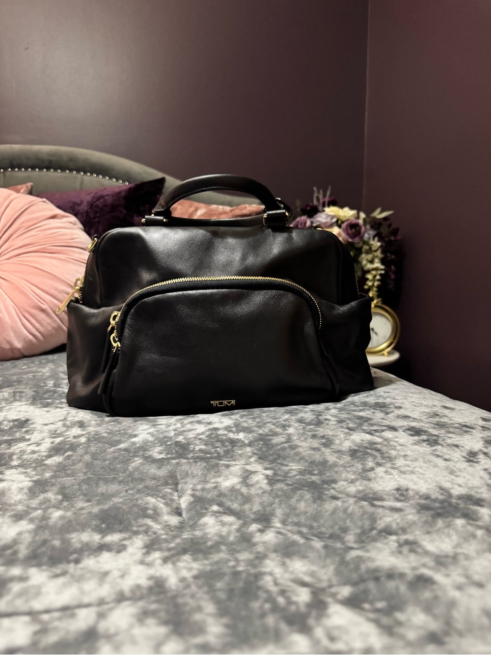 Tumi Black Leather Carry-All Travel Satchel with Gold Hardware